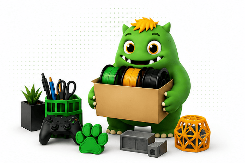 Mascote iMonster 3D segurando uma caixa de filamentos, rodeado de itens personalizados: organizador, controle de videogame, patinha pet e peça decorativa